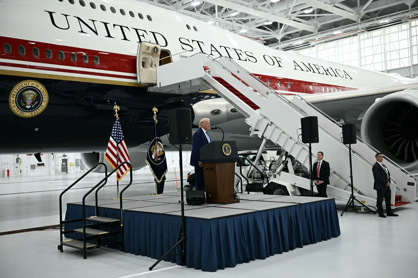 President Donald Trump speaks in front of the new Air Force One, gifted to him by Qatar, in a hangar at Joint Base Andrews in Maryland on June 19, 2026.